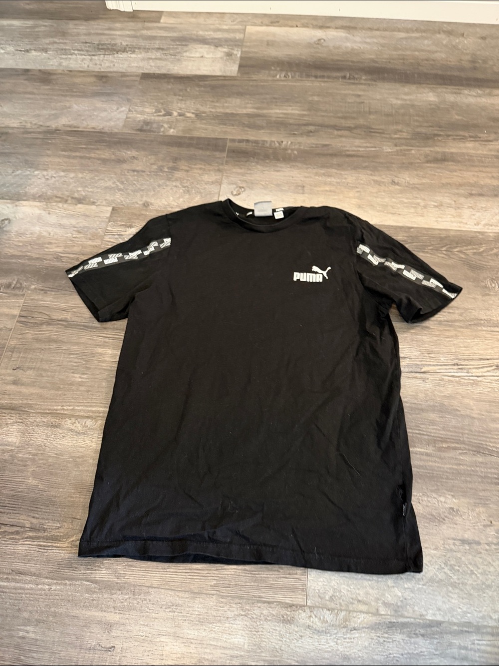Puma Black Tee with White Logo and Sleeve Stripe